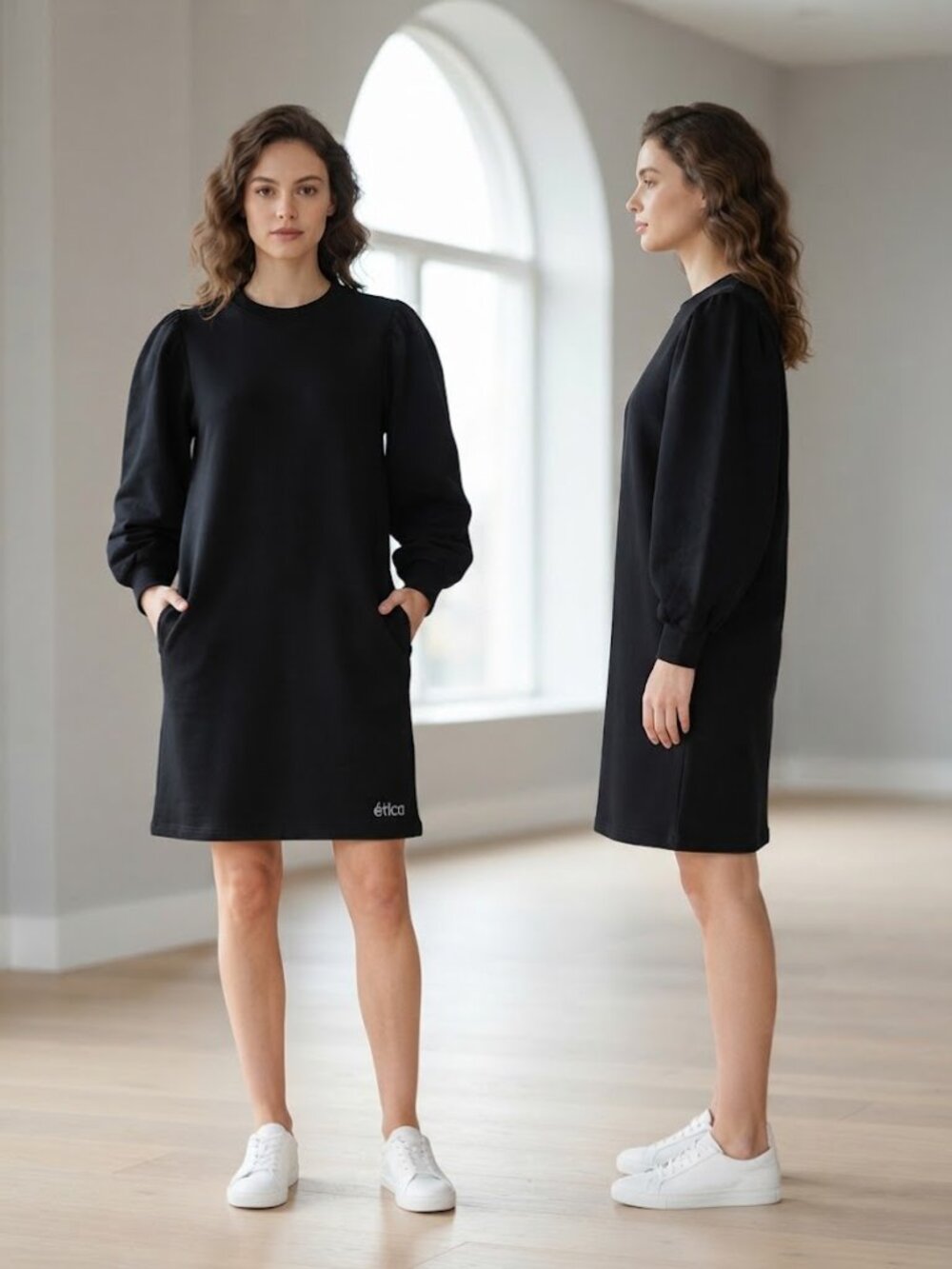 Etica Isabelle Black Puff.Sleeves Sweatshirt Cozy Chic Women's Dress Size Medium